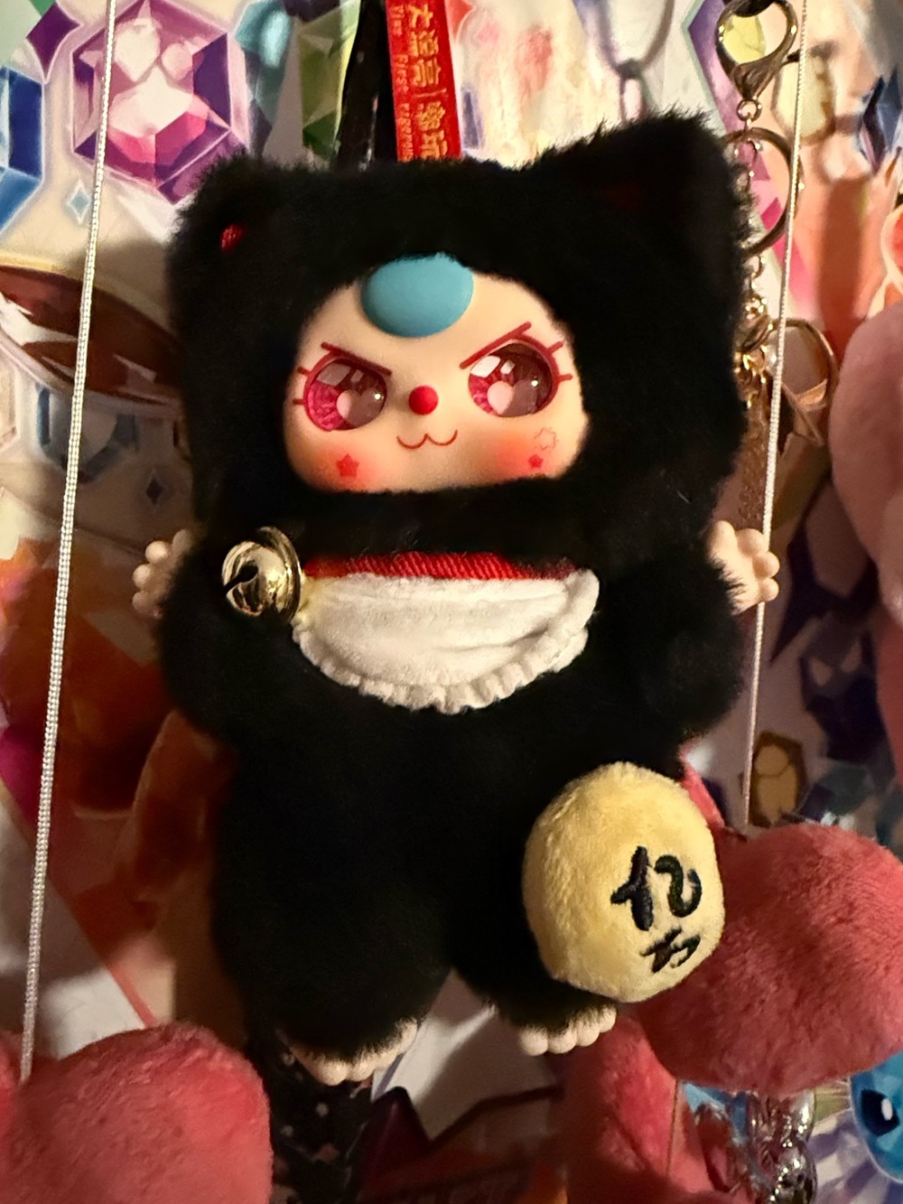 Black Kawaii Cat Plush Keychain with Red & Blue Accents